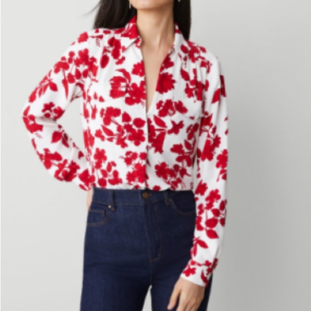 Ann Taylor Red and White Floral Blouse